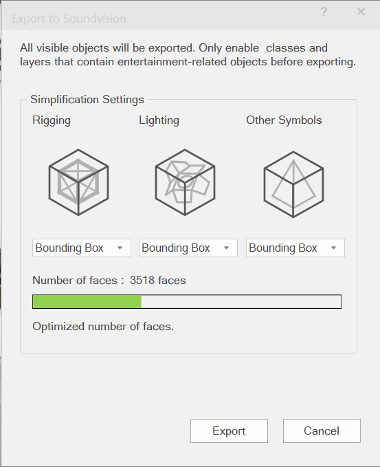 Popup-Menü mit verschiedenen Vereinfachungseinstellungen für Rigging, Scheinwerfer und andere Symbole 